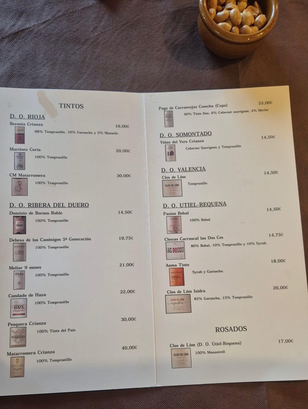 Carta de vinos Restaurante Los Alpes